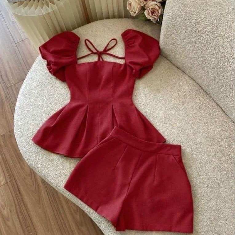 Mã T42 Set đồ nữ Áo Peplum Tay Phồng Quần Đùi Nữ Nữ Women Top Nhung
