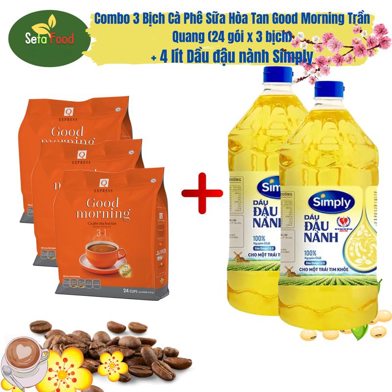 Combo cà phê sữa hoà tan 3in1 good morning Trần Quang 24 gói x 3 bịch + Dầu đậu nành Simply 2L x 2 Chai - Cafe sữa hoà tan 3in1 - Coffee - Tết
