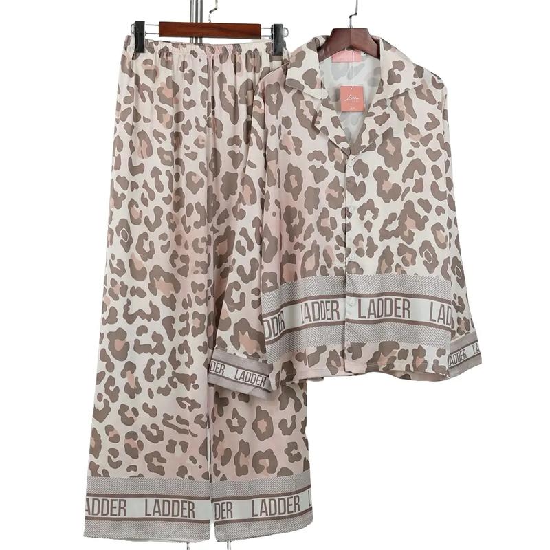 Bộ pijama (không túi ) quần dài tay dài hoạ tiết đốm beo nền be loang   bộ ngủ Ládder - pyjama women