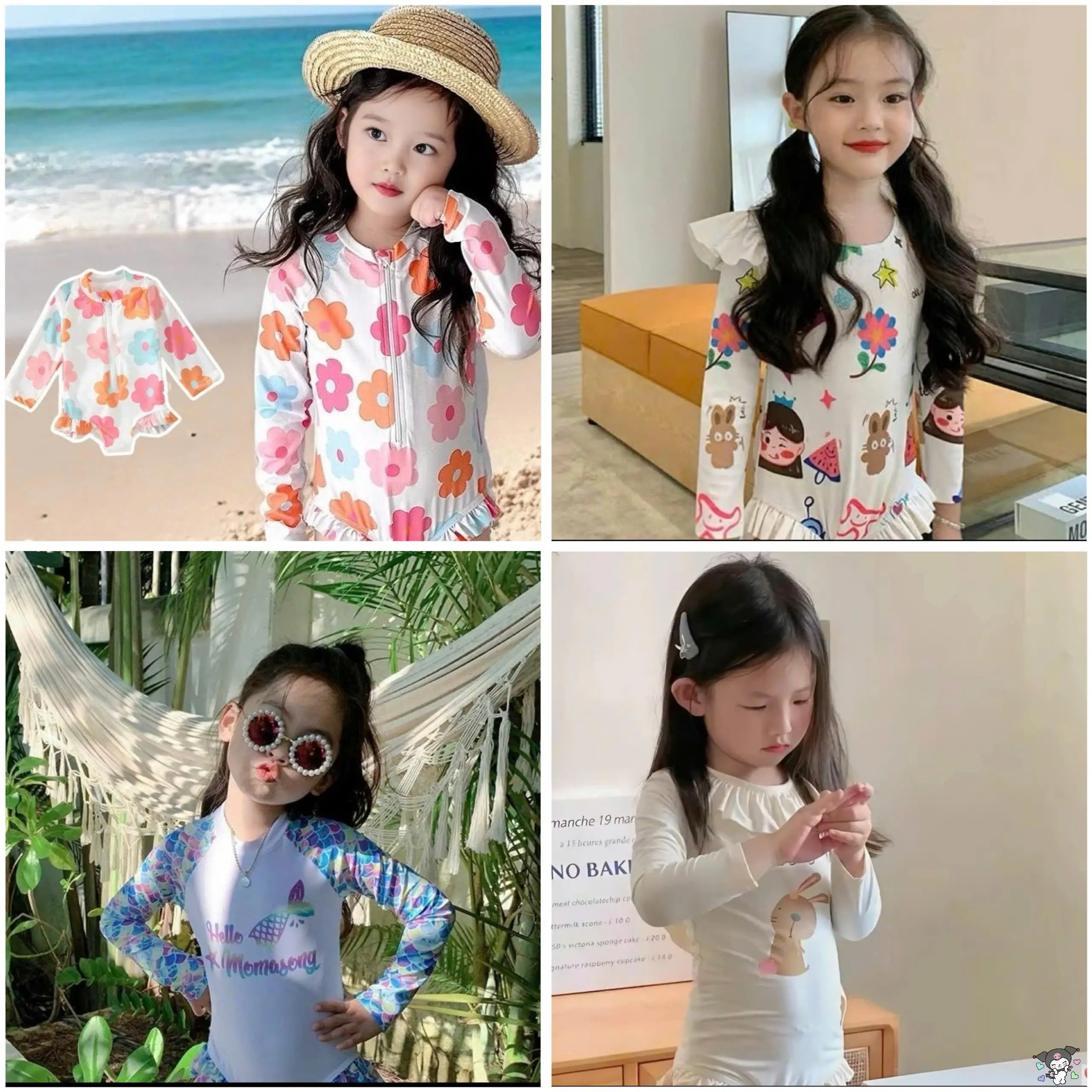 [MinMinKid3] (12-38kg) Đồ bơi, Bikini liền thân tay dài hoạ tiết nàng tiên cá, hoa lá, công chúa, hoa tím cho bé gái đi biển, du lịch (chất vải tương xứng với giá tiền) Voi Áo Len
