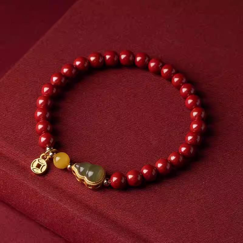Product Introduction of Vòng Tay Chu Sa, Cao Cấp, Dành Cho Nữ, Làm Bằng Đá Tự Nhiên, Thiết Kế Hình Quả Bầu, Dát Vàng, Dát Ngọc Bích, Phong Cách Cổ Trang, Vòng Tay Năm Sinh Đính Cườm Fu Lu 7