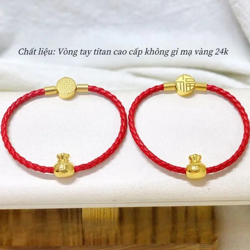 Vòng tay titan cao cấp không gỉ mạ vàng 24k thiết kế bện dây đỏ chữ phúc may mắn tài lộc