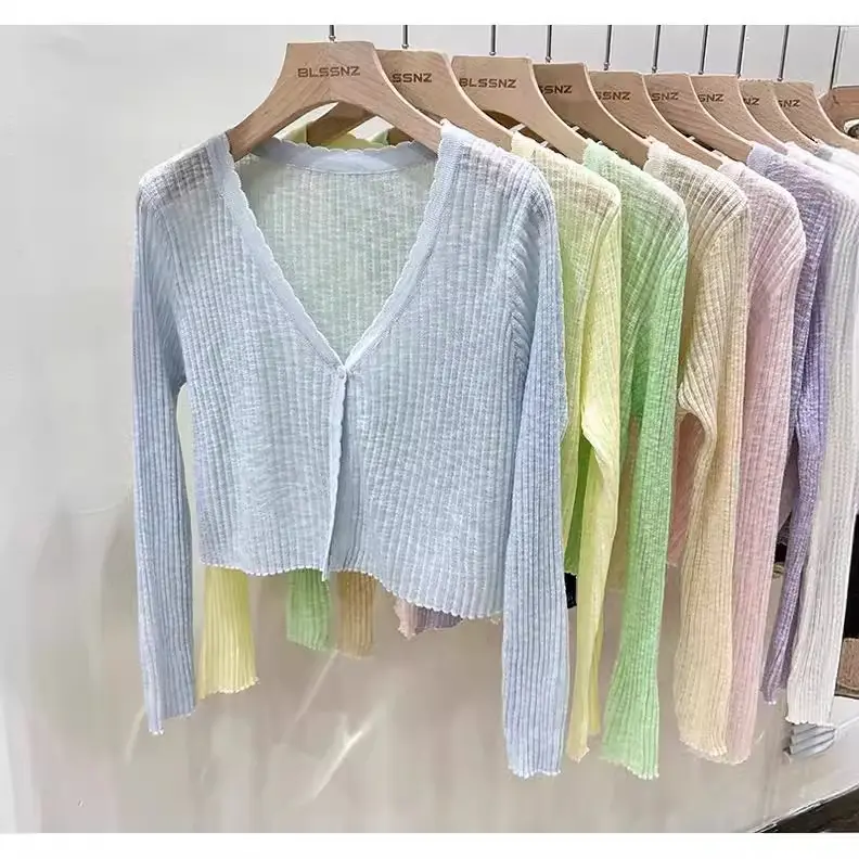 Ice Silk Cardigan Long Sleeve Summer Black Thin Sweater Outer Match Short Air Conditioning Shirt Sun Protection Clothing Cape Top Women Knitwear Womenswear Basic Fitted Knitting Minimalist