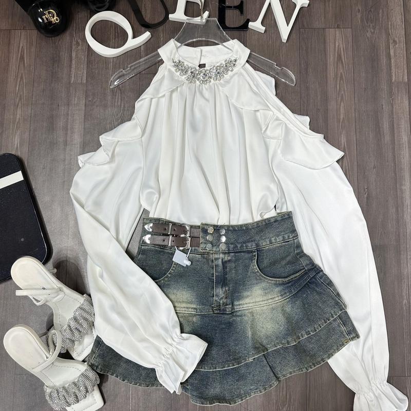 Chân váy jean mix đai da QCCC