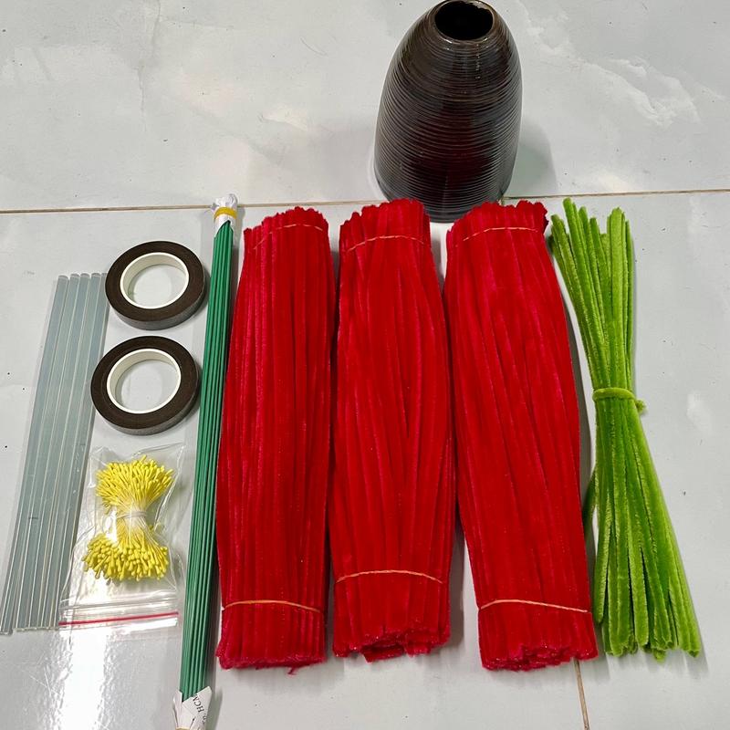 [Kèm Bình] Bộ Set Làm Hoa Đào Bằng Kẽm Nhung Kèm Bình Chuông Trang Trí Tết - Decor Phòng, Decor mai chậu hoa đào