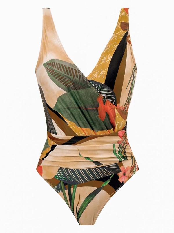 Women's Plants Print One-Piece Swimsuit & Cover Up Skirt Set, Casual Fashion Swimwear Set for Beach Holiday Vacation, Ladies Swimsuit for All Seasons 2