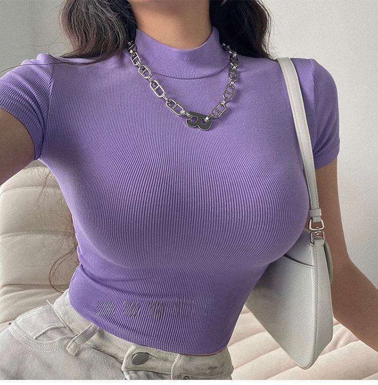 Product Introduction of Summer New European and American Basic Style Small round Neck Cropped T-shirt Stretch Tight Short Sleeve Bottoming Top for Women Lingerie Lady Streetwear Casual Minimalist Womenswear Comfort 3