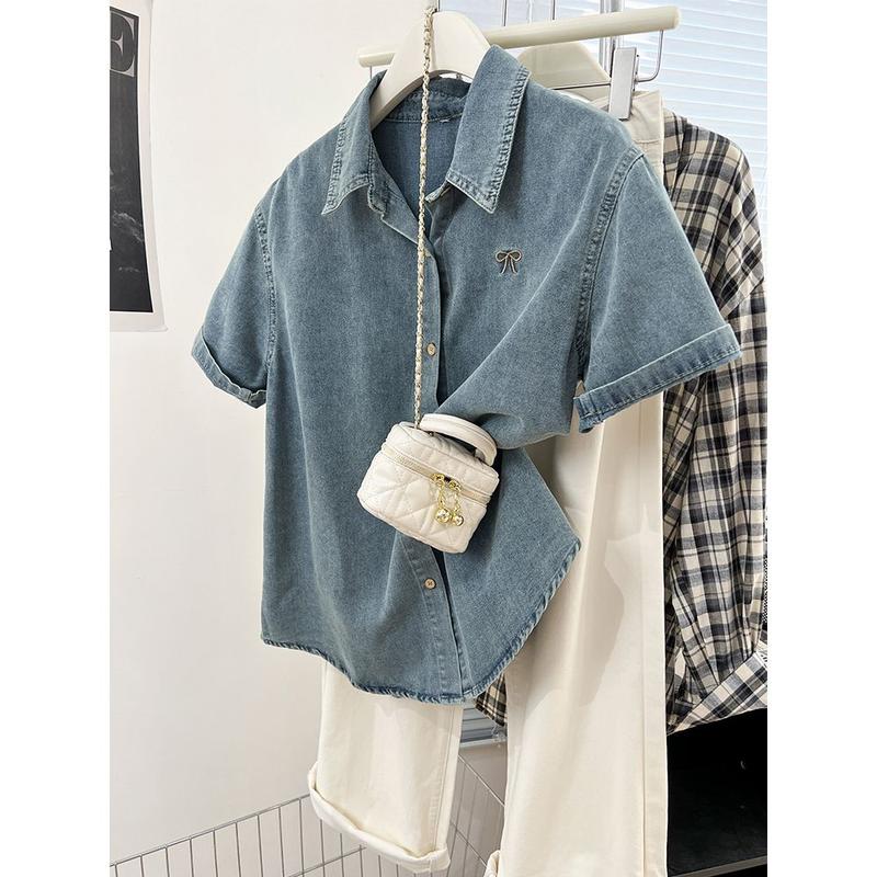 Áo Sơ Mi Denim ngắn Tay Thêu Màu Xanh Dương, Dành Cho Nữ, Phong Cách Mùa Hè, Cổ Polo Cổ Điển Hàn Quốc, Dáng Rộng Vừa Vặn, Áo Cánh Thanh Lịch, Hàng Đầu, HK 5