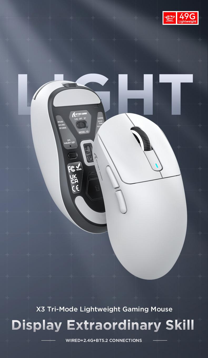 Product Introduction of Original Attack Shark X3 Wireless Mouse Multiple Colors Three-mode Lightweight Design Ergonomics PAW3395 E-sports Gaming Mouse 1