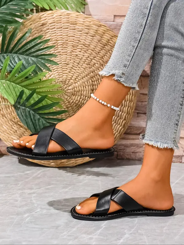 Women's Fashionable Plain Color Slides, Casual Comfortable Crossed Strap Slides for Summer, Lightweight Breathable Slides for Beach Vacation, Walking Shoes 8