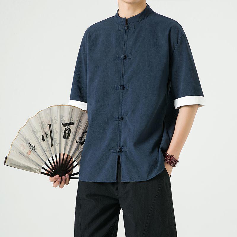 Product Introduction of Men's Shirt, Tang Suit Shirt, Chinese Style, Tai Chi Clothing, Kung Fu Clothing, Linen Thin Stand Collar Buttoned Zhongshan Suit Menswear Top chinese man red shirt chinese fashion outfit Lingerie Beige 30