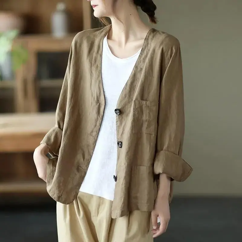 S-4XL Women Blazer Jacket Cotton Linen Thin Retro Vintage Loose Spring Summer Autumn Fashion Casual Elegant Office Work Suit Plus Size Beige Khaki Black