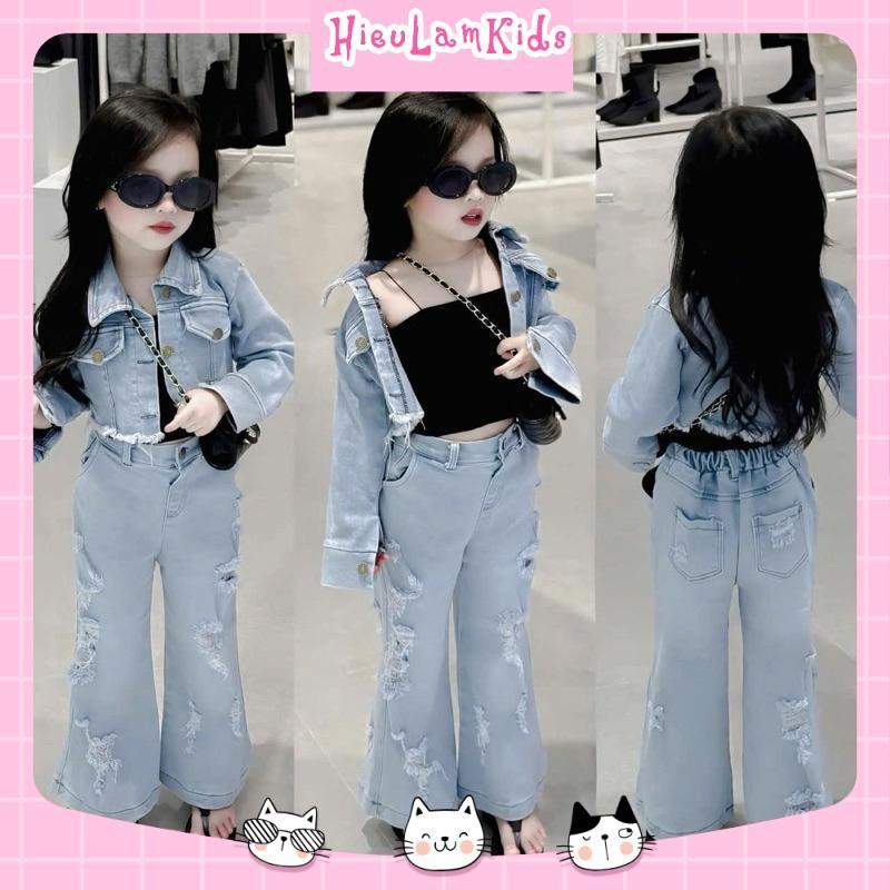  KH699 - Set bộ quần áo bé gái Set bò jean quần loe kèm áo quây đen cho bé gái 