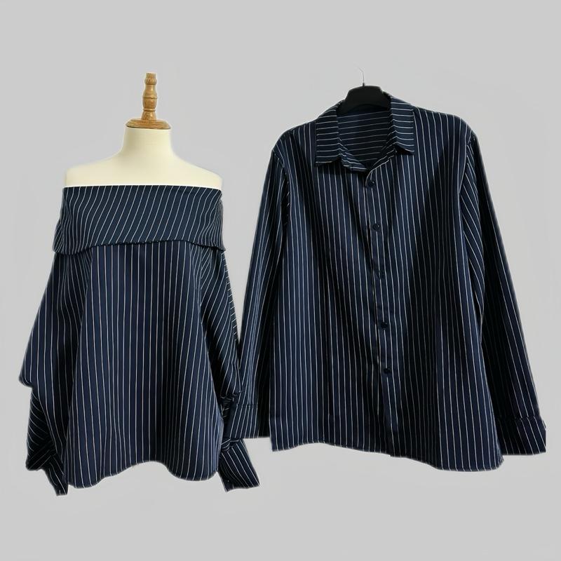 (S - 42) [ GIÁ CẶP ] Set đồ đôi nam nữ couple áo trễ vai kẻ xanh tay bồng dáng dấu quần siêu xinh và áo sơmi nam dài tay mặc đôi với người yêu cặp vợ chồng cực sang váy