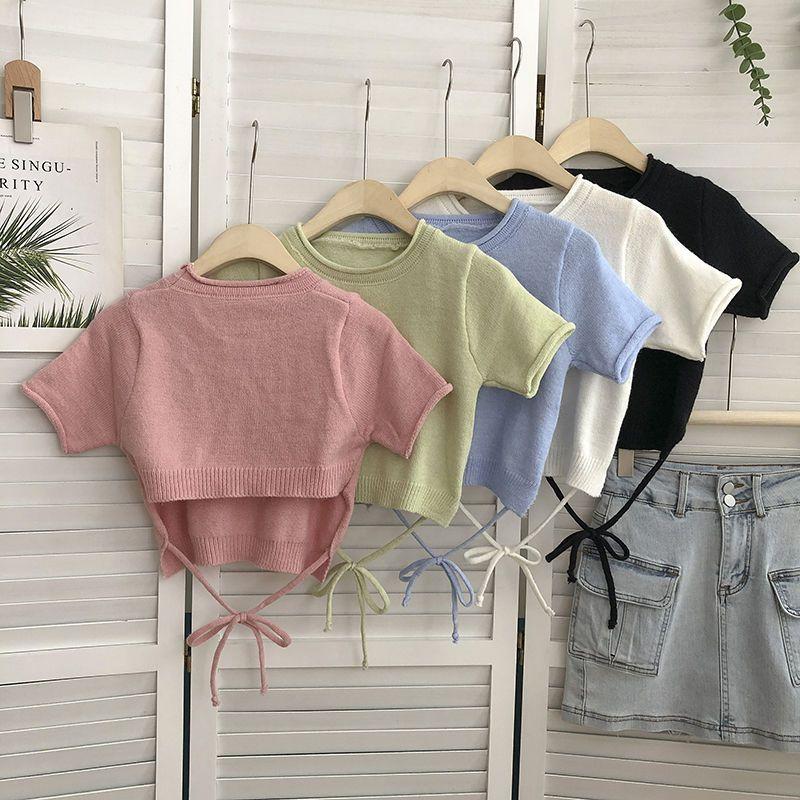 Váy ngắn tay dệt kim, phong cách mùa hè, thời trang, ngọt ngào và gợi cảm, với thiết kế băng quấn, eo mở Nữ Women Áo Top