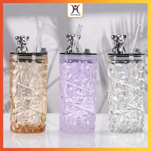 Tumblr Minum Kaca Aesthetic 350ML | Botol Minum Motif Kristal Tutup Beruang Botol Minum Kaca Simple Elegan aesthetic