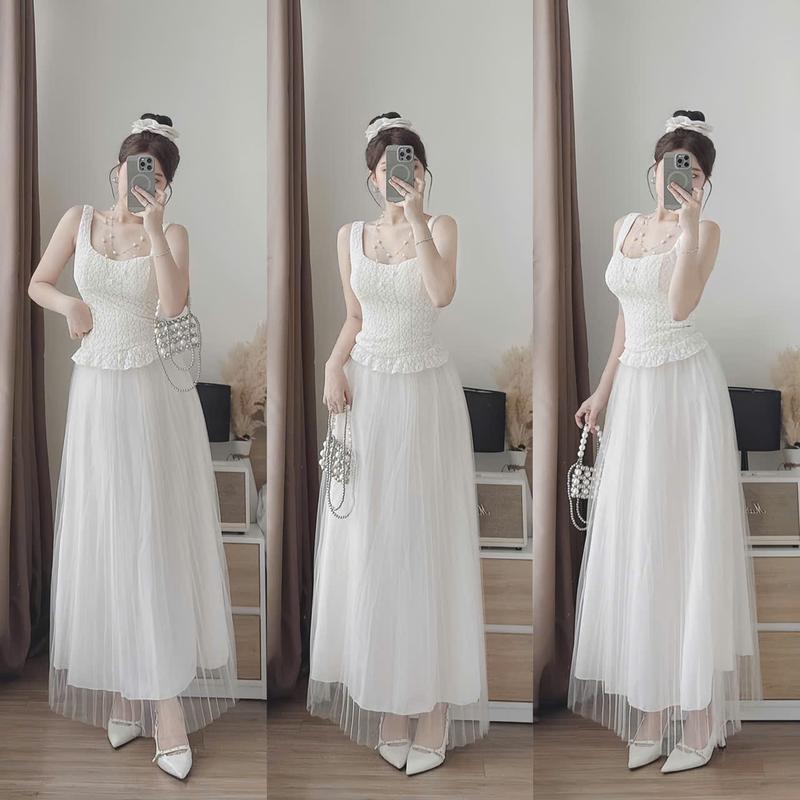 Set đồ nữ áo len ren thiết kế 2 dây cổ vuông kèm chân váy lưới dập ly dáng dài xinh xắn dành cho các nàng diện đi chơi đi tiệc