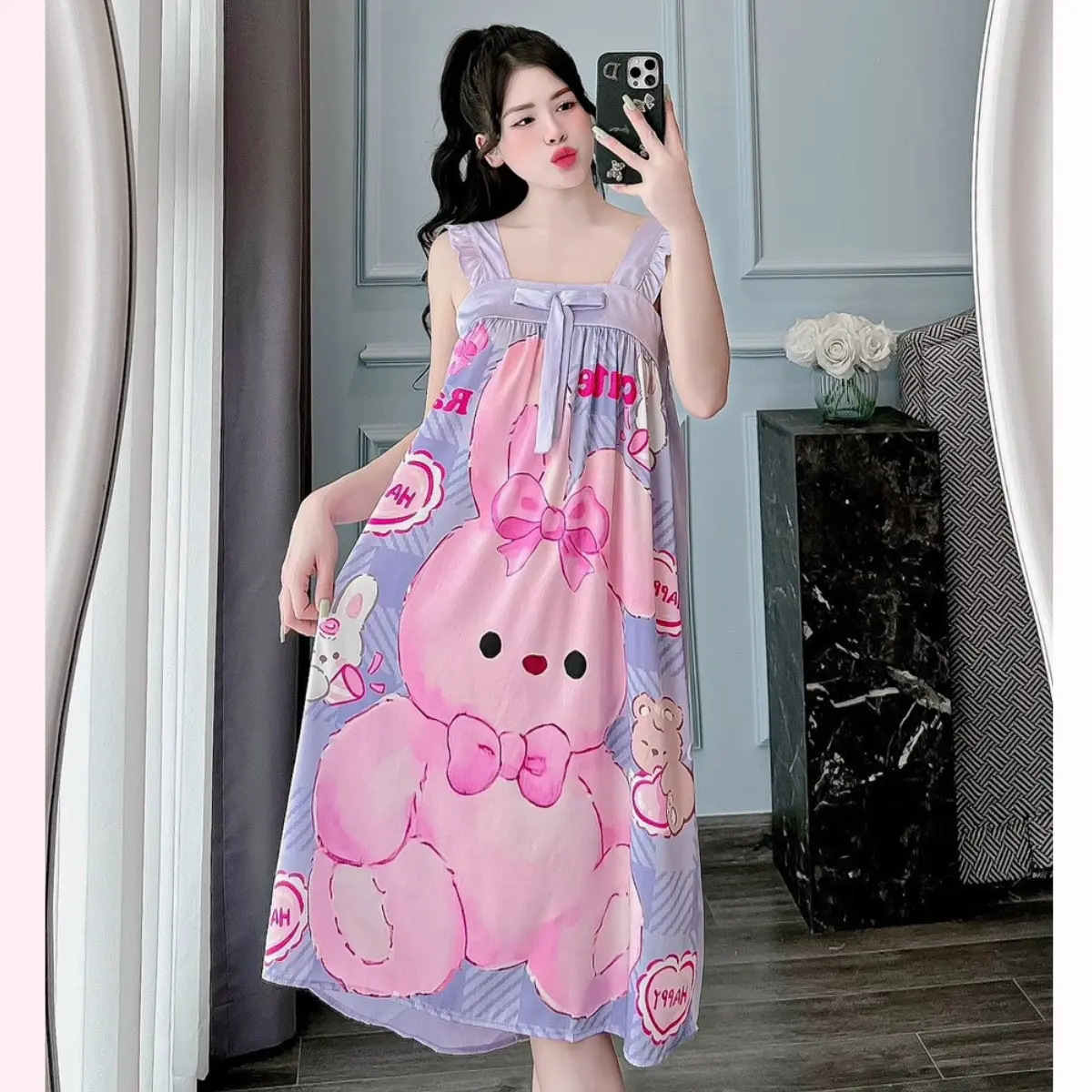 Đầm 2 dây váy ngủ mặc nhà dáng cánh tiên chất lụa xước phom từ 40-65kg Nữ Đầm Ngủ Women Dress