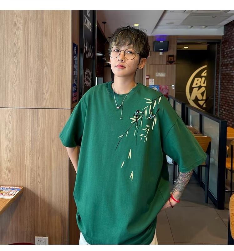Product Introduction of Popular fashion bamboo print loose T-shirt cotton print short sleeve plus size tee for men 28