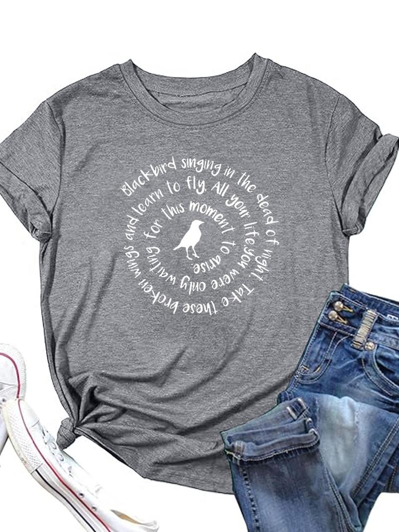Product Introduction of 【Plus Size】 Letter Print Round Neck Graphic Tee, Fashion Casual Crew Neck Short Sleeve T-shirt for Daily Outdoor Wear, Women Plus Clothing for Summer 5
