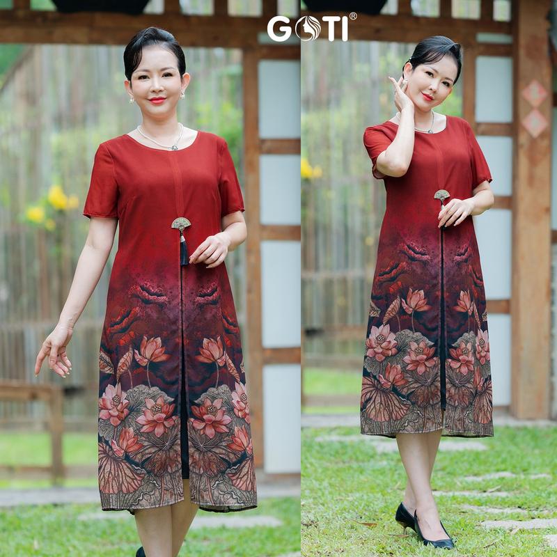 Product Introduction of GOTI Thời Trang Trung Niên Cao Cấp Đầm Suông Voan Xẻ Tà In Hoa Sen Tay Ngắn Quý Phái 3406  Nữ Nhung Dress 28