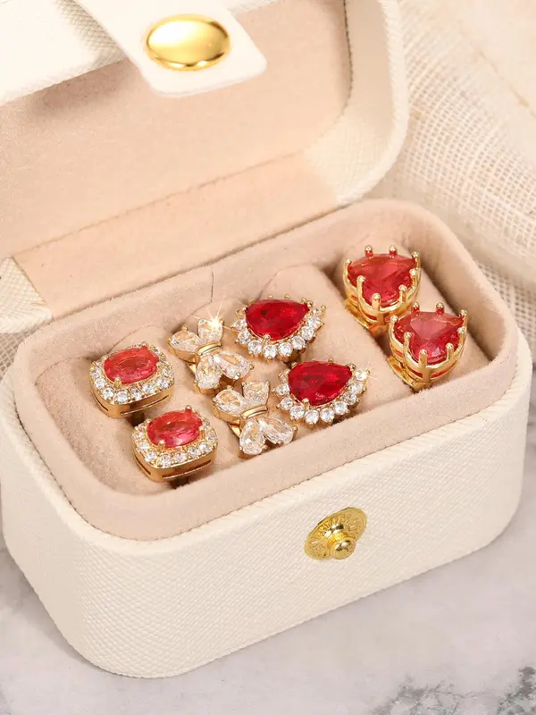 Women's Elegant Rhinestone & Garnet Decorated Earrings Set, Exquisite Trendy Earrings, Fashionable Jewelry for Women for Party & Daily Clothing Decor 4