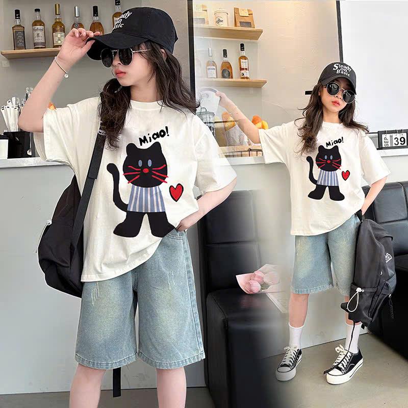  Set Bộ Áo Phông MIao! Mix Quần Jean Ngố Cá Tính Năng Cho Bé Gái Set Gấu Rút Dây Set Ngôi Sao Cotton - Phong Cách Năng Động Khỏe Mạnh 