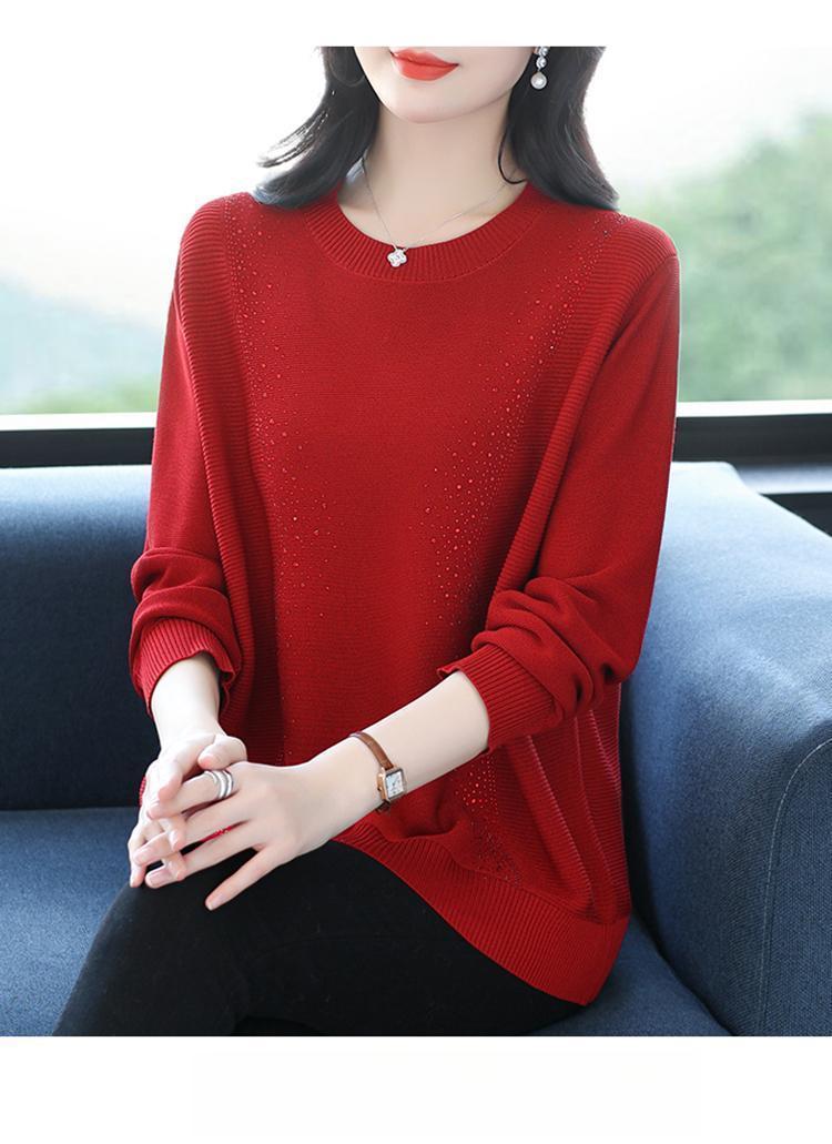 Product Introduction of Knatwear women's round neck rhinestone sweater new fashion mom loose Western style knits long sleeve thin top crop 16