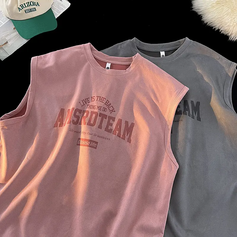 Pink Handsome Sleeveless T-shirt Men's Summer High Street Heavy ins Shoulder Tops Tide Couple Casual Vest Sweatshirt