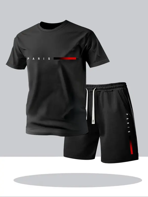 Men's Letter Print Tee & Drawstring Waist Shorts Set, Regular Fit Round Neck Short Sleeve T-shirt & Track Shorts, Casual Summer Clothes for Outdoor 0
