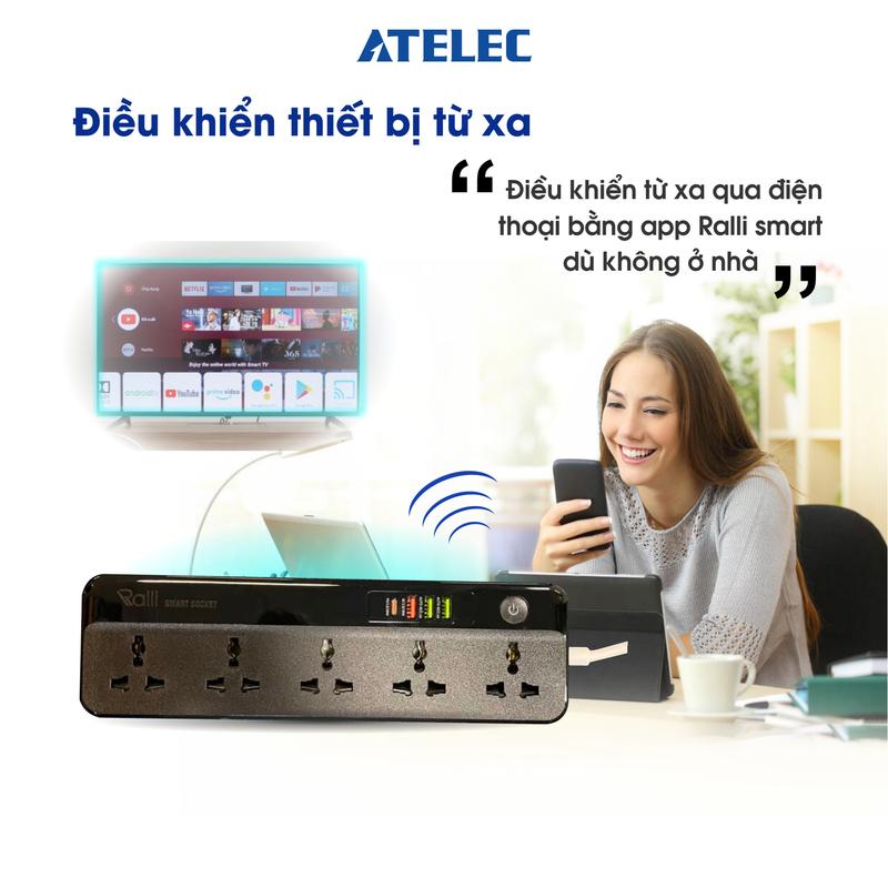 (23) Ổ cắm wifi dài thông minh ATELEC OC09 - 5 cổng - Kết nối không dây qua Wifi, Điều khiển độc lập qua APP Sạc nhanh USB max 20W 3