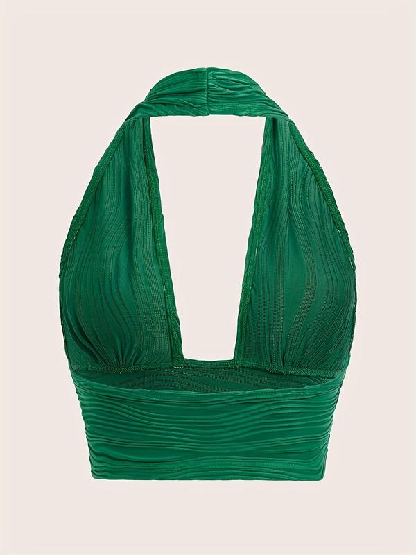 Women's Textured Plunge Neck Sleeveless Halter Crop Top, Trendy Backless Crop Tank Top for Party Holiday Beach, Summer Clothes Tops 5