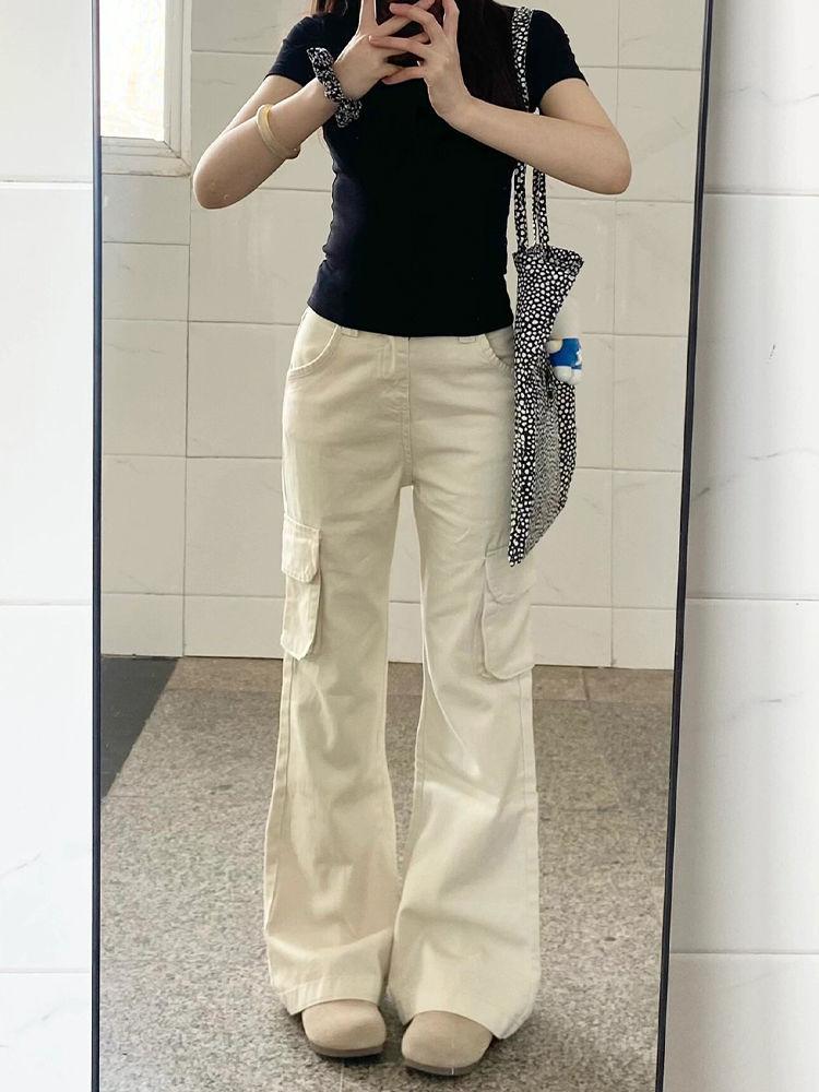 Product Introduction of Off-White Flared Cargo Jeans for Women New American Retro Loose Wide-Leg Slimming Straight Casual Pants 5
