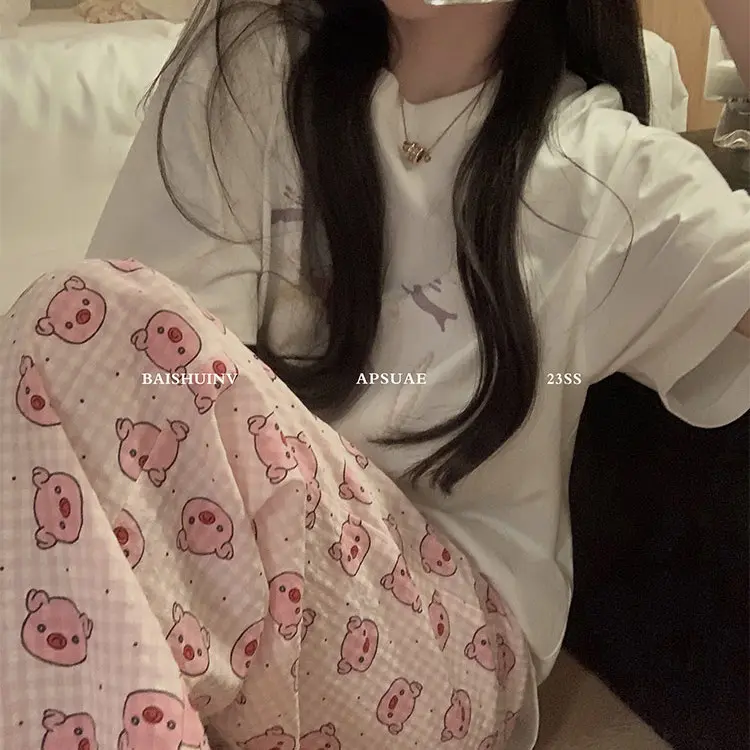 Internet Celebrity Ins Pajama Pants Female Spring and Autumn Trousers Cute Plaid Cartoon Pig Loose Casual Pants Summer Home Pants Loungewear Nightwear Womenswear Lingerie Pjs Homewear Short Sleeve