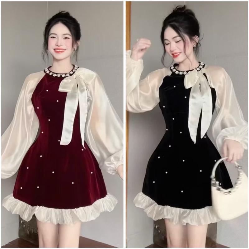 D033 Váy Nhung Phối Tơ Dài Tay Cổ Ngọc Bánh Bèo Tiểu Thư Dress Kho Sỉ Bảo Ngọc