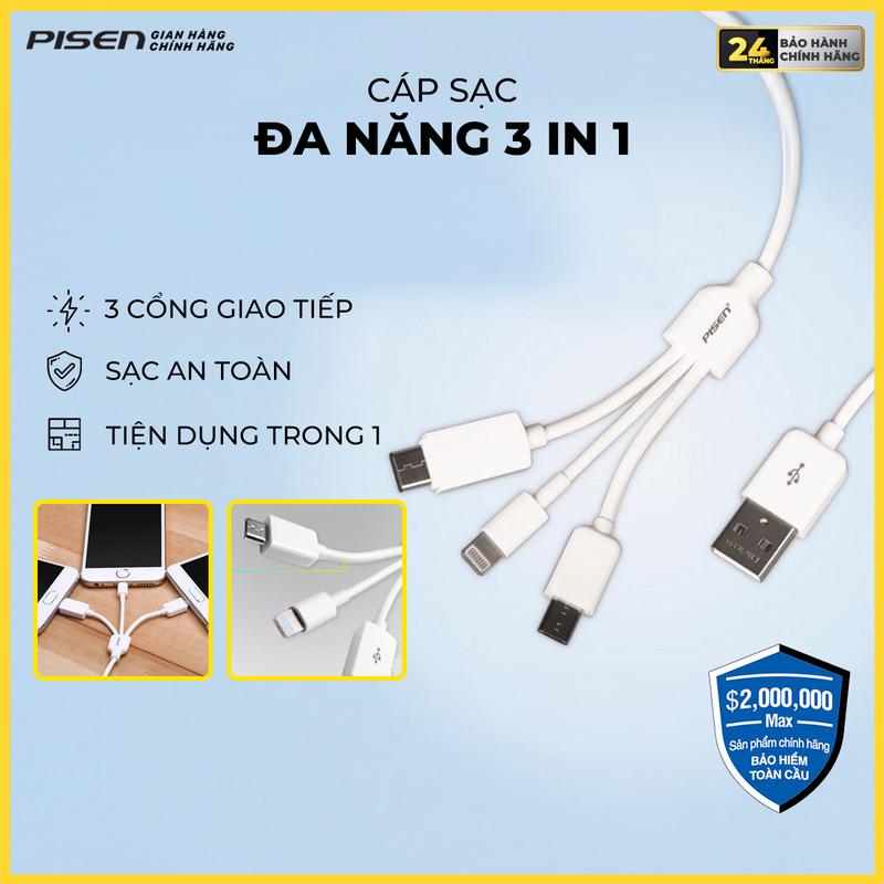 [PISEN] Cáp sạc 3 trong 1, sạc đa thiết bị tiêu chuẩn, sạc an toàn bảo vệ Pin | PISEN FAST 3-in-1 (Lightning/ Type-C/ Micro) 1200mm - Model: AP07-1200 (GLB) | Bảo hành chính hãng 18 tháng