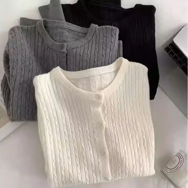 Áo Len Cardigan, Cổ Tròn, Dành Cho Nữ, Hàng Mới Về Đầu Mùa Thu 2024, Thiết Kế Xoắn Cổ Điển Áo Khoác Len Mỏng, Phong Cách Ins