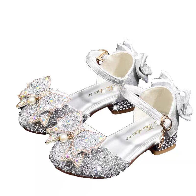 Children's Silver 2024 New Leather Shoes Catwalk Dress Princess Performance Crystal Shoes Girls Soft Bottom Small High Heel Shoes 5