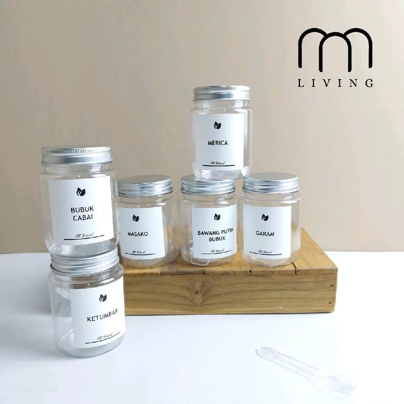 Toples Bumbu Dapur Aesthetic 200ml TUTUP SILVER Free Sendok & Label Waterproof 1
