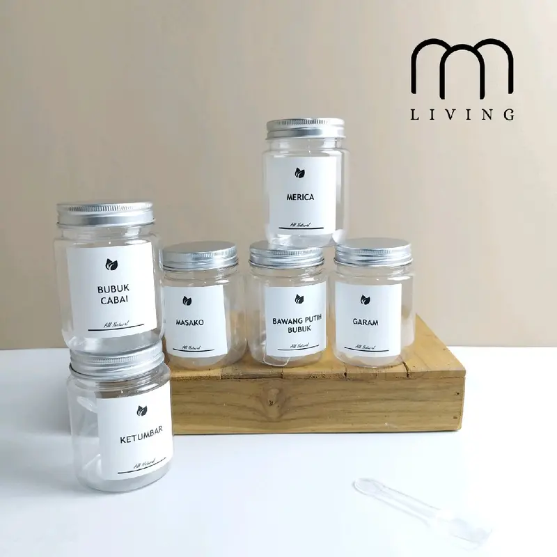 Toples Bumbu Dapur Aesthetic 200ml TUTUP SILVER Free Sendok & Label Waterproof 1