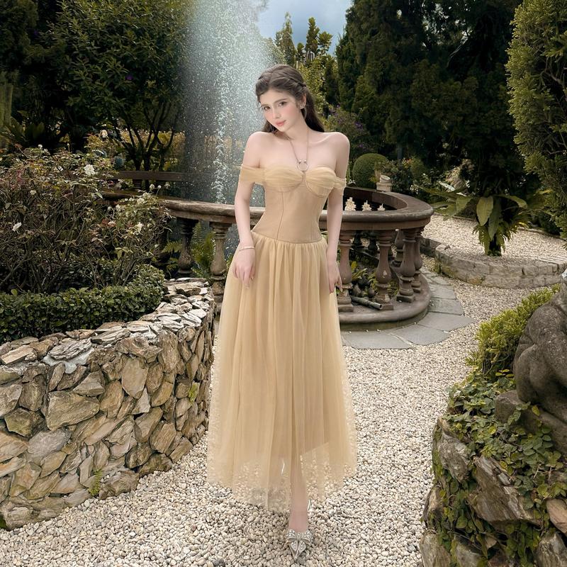SOLEIL - Váy Đầm Marigold Dress Thiết Kế Nữ Trễ Vai Dáng Dài Xòe Bồng Tay Lửng Corset Tafta Phối Lưới Tiểu Thư Màu Nâu Sữa Đi Tiệc Đi Sự Kiện Women VD13