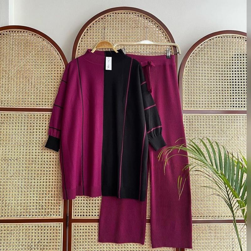 One Set Kalula Tunik + Celana Rajut Kain Rajut Mix Knit Baju Setelan Wanita Terbaru Setelan Viral Wanita Dewasa Baju Wanita Model Baru Setelan Wanita Lagi Tren One Set Wanita Terbaru 3
