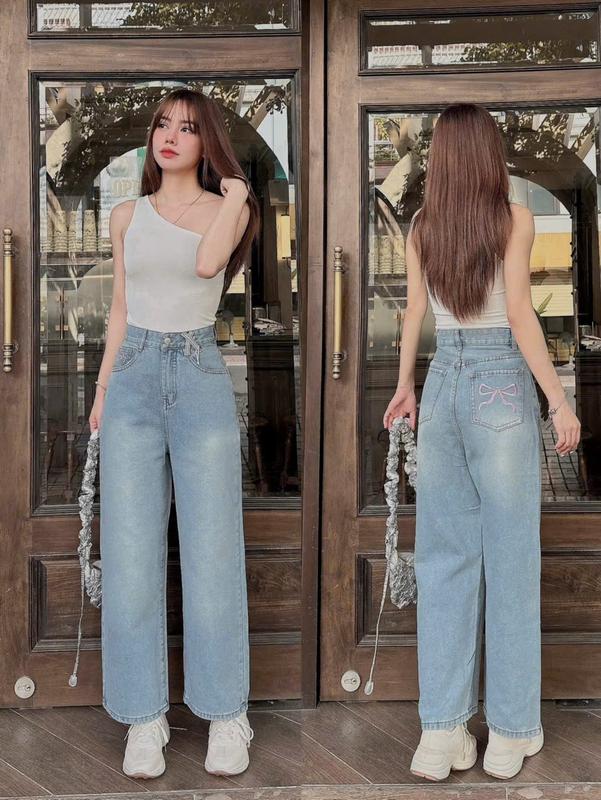 ( Suông 9 tấc ) QUẦN SUÔNG LƯNG CAO THÊU NƠ HỒNG MÃ 205 Nữ Jean Women Pants