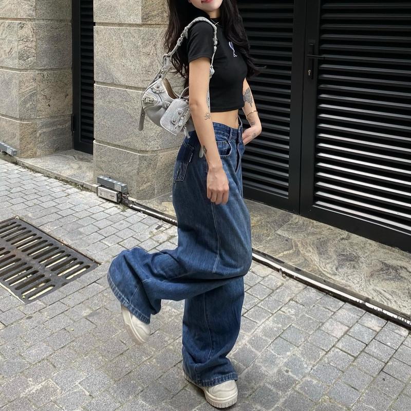 Quần Jeans Nữ Xuông Ống Rộng Thụng Túi Sau Lệch Wash Màu [Q006] Women Pants Ong Voi 2