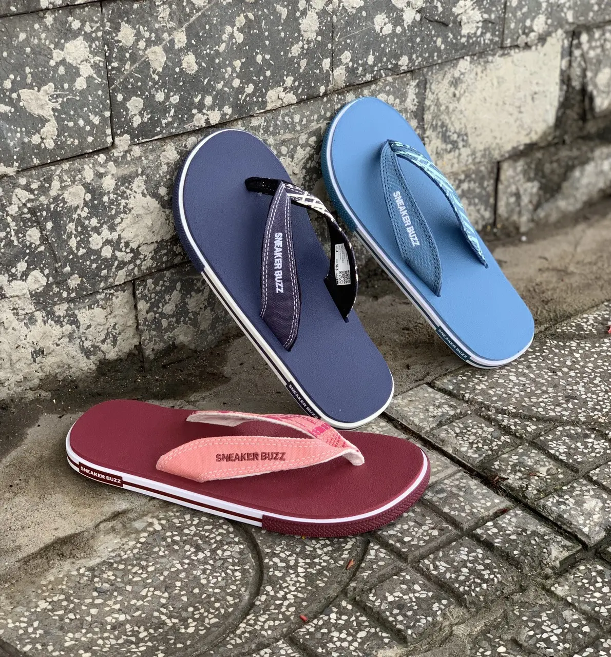 Dép Sneaker Buzz Xanh Navy / Xanh Nhạt / Hồng Quai Họa Tiết
