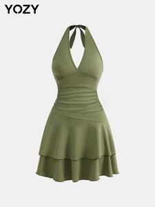 YOZY Women's Solid Color Halter Neck Dress, Casual Sleeveless A Line Short Dress for Summer, Ladies Clothes for Beach Holiday