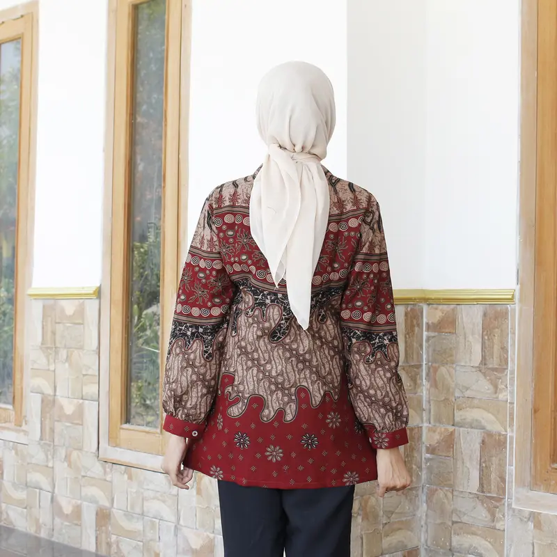 KALISTA Maroon Blouse Atasan Baju Batik Wanita Kerja Kantor Modern Kekinian Bahan Katun Halus Premium 4