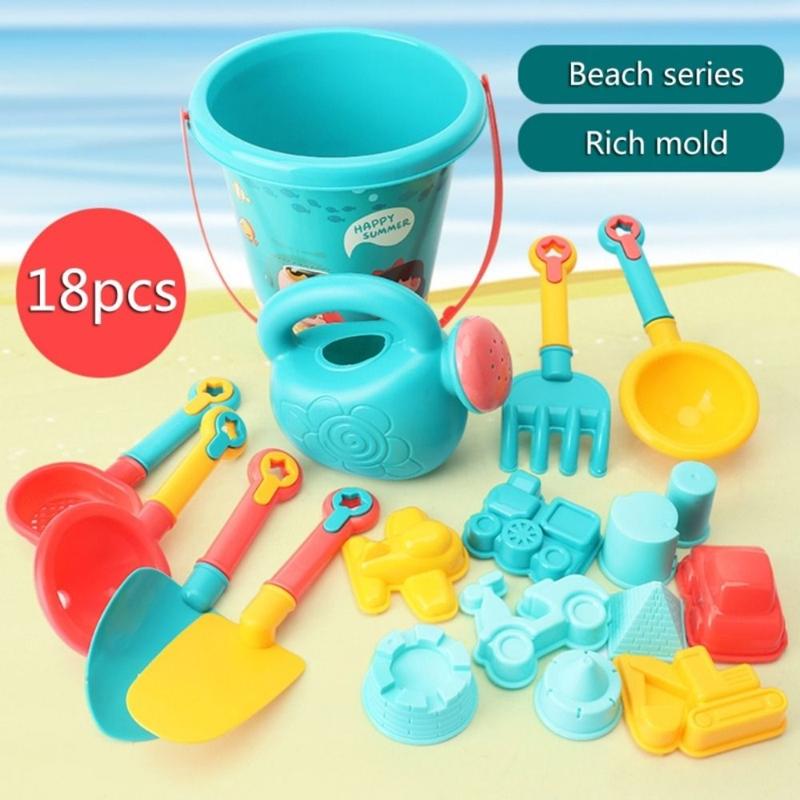 Product Introduction of Summer Travel 18 PCS/Set Sandbox Set Model Children Gifts Shovels Watering Can Bucket Beach Sand Toys Set Beach Toys Sand Rake Toy 9
