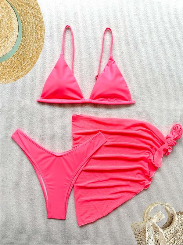 Three-Piece Set Women's Ditsy Floral Print Bow Decor Swimsuit Set, Summer Clothes Women, Adjustable Strap Triangle Bikini Bra & High Cut Bikini Panty & Asymmetrical Cover Up Skirt Set, Women's Swimwear 7