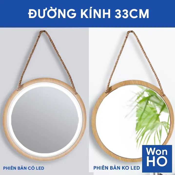 [SIZE 33cm] Gương Treo Tường Bằng Dây Thừng Có Khung Gỗ, Có LED hoặc Không LED, Nhiều Kích Thước Khác Nhau, Dễ Lắp Ráp Decor Đồ Chơi